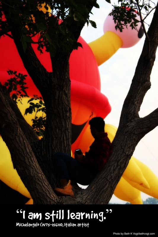 man sitting in a tree looking at a hot air balloon