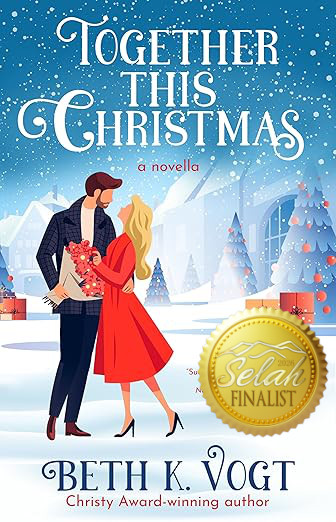 Illustration of man and woman standing closely together in a winter scene. Book cover for Together This Christmas by Beth Vogt